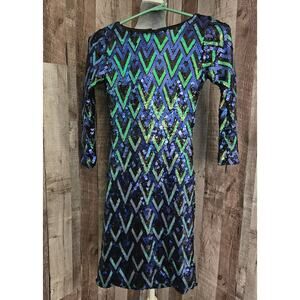 CHARLOTTE RUSSE Sequine Long Sleeve DRESS Blue Green Black Women's size XS